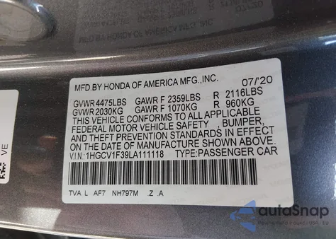 2020 Honda Accord Sport z USA, uszkodzony, nr VIN 1HGCV1F39LA111118